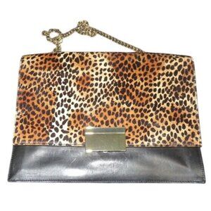 Vince Camuto Leopard Print Black Italian Leather Handbag Crossbody w/ chain